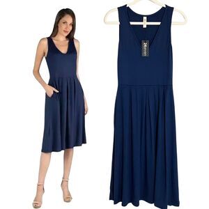24seven Fit and Flare Sleeveless Midi Dress Pockets Navy Size S NWT
